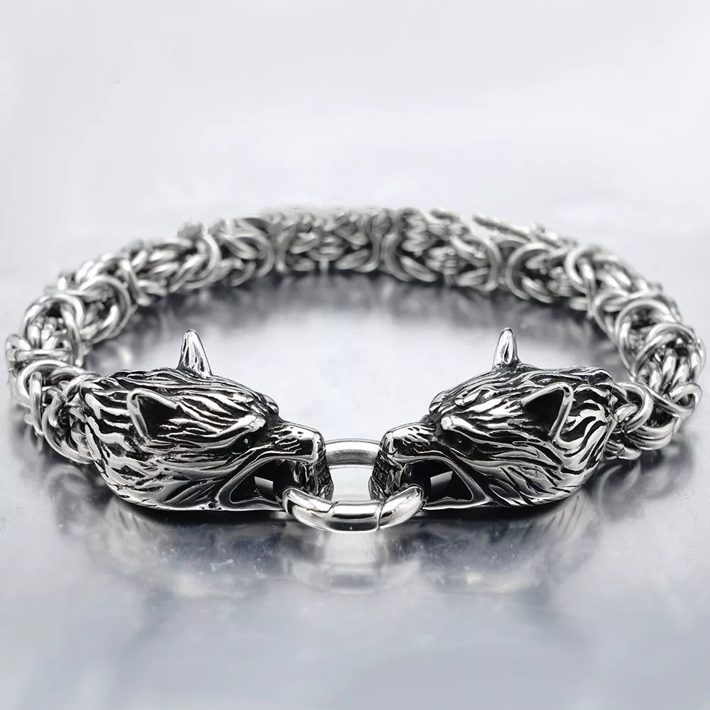 7.5-9 inch Mens Stainless Steel Norse Viking Fenrir Wolf Head Bracelet Men