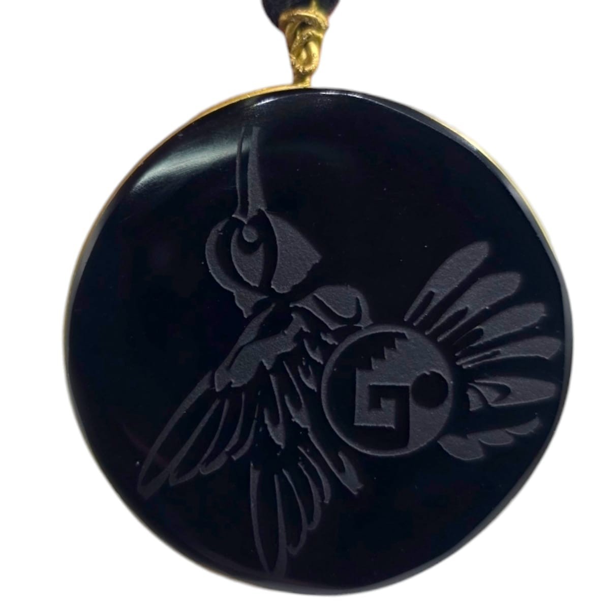 Handmade Obsidian Round Pendant with Hummingbird Carving C2OBDije15