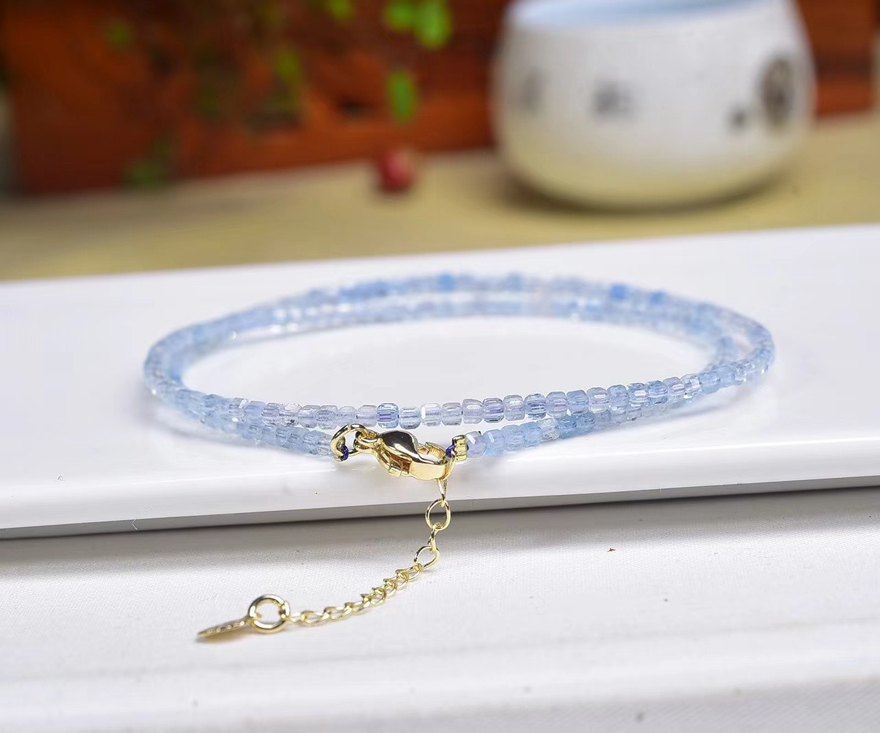 Blue Aquamarine Necklace Tiny 2.5mm Cube Beaded r Healing Delicate Women Crystal