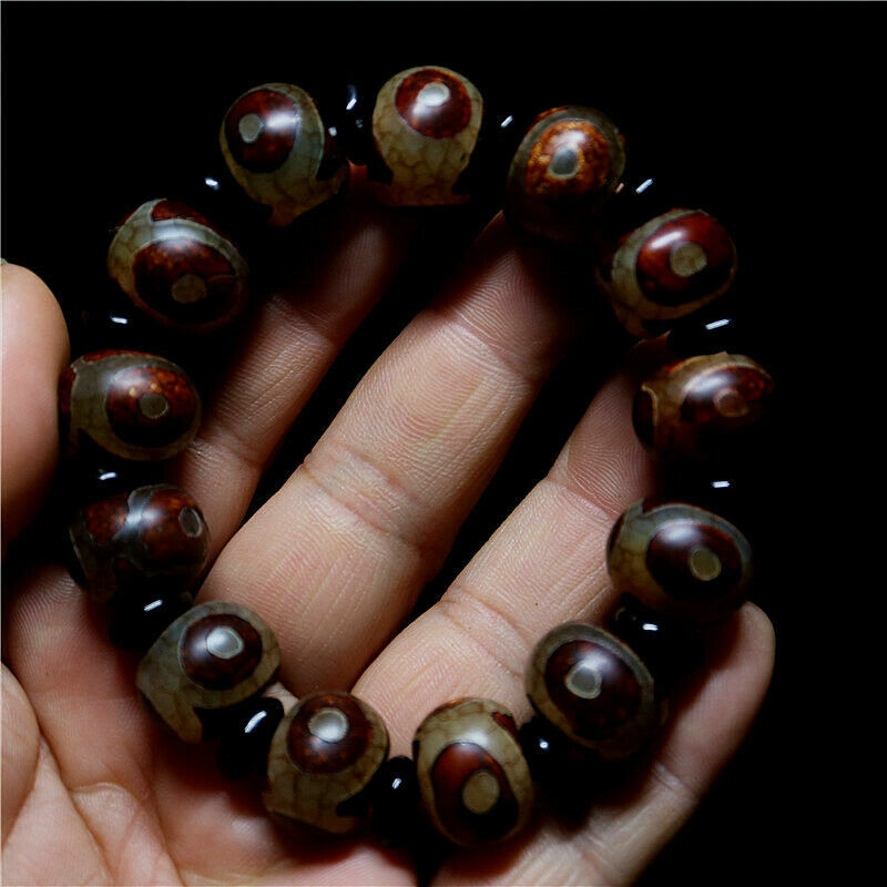 16MM China Tibetan Dzi Beads Mala Buddhist Prayer Bead Elastic Bracelet