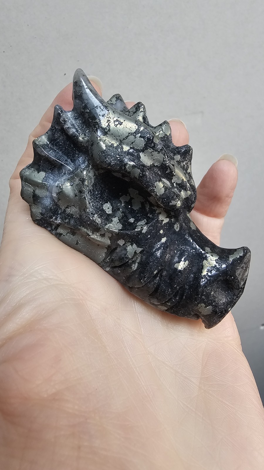 Pyrite crystal Dragon head Carving 6.8 X 4.4cm 157g Abundance Wealth