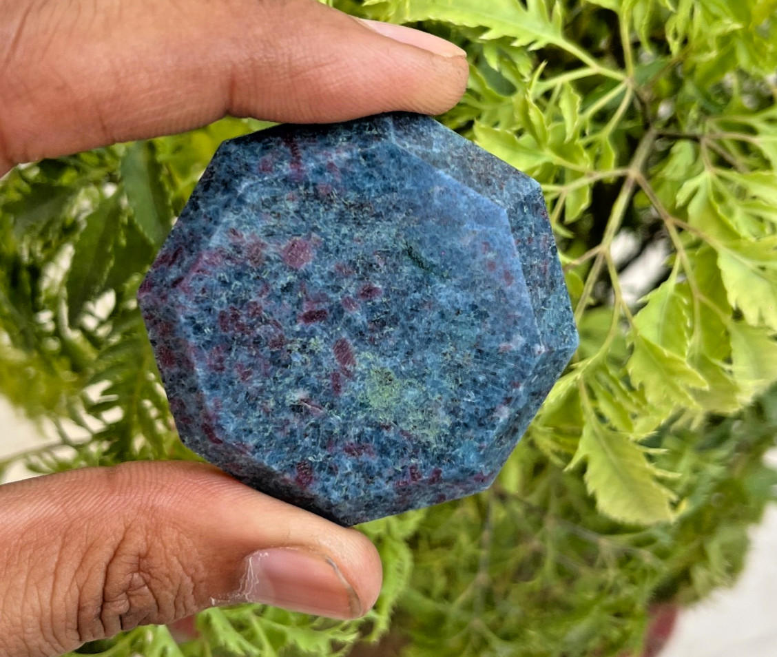 Ruby Kyanite Palm Stone UV Reactive Fluorescent Crystal Octagon 48mm
