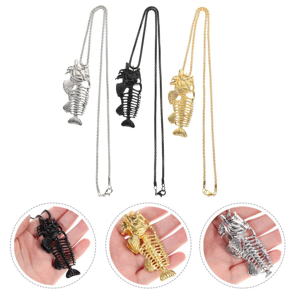 3Pcs Fish Bone Necklace Set Stainless Steel Surfer Chain Durable Alloy Pendant