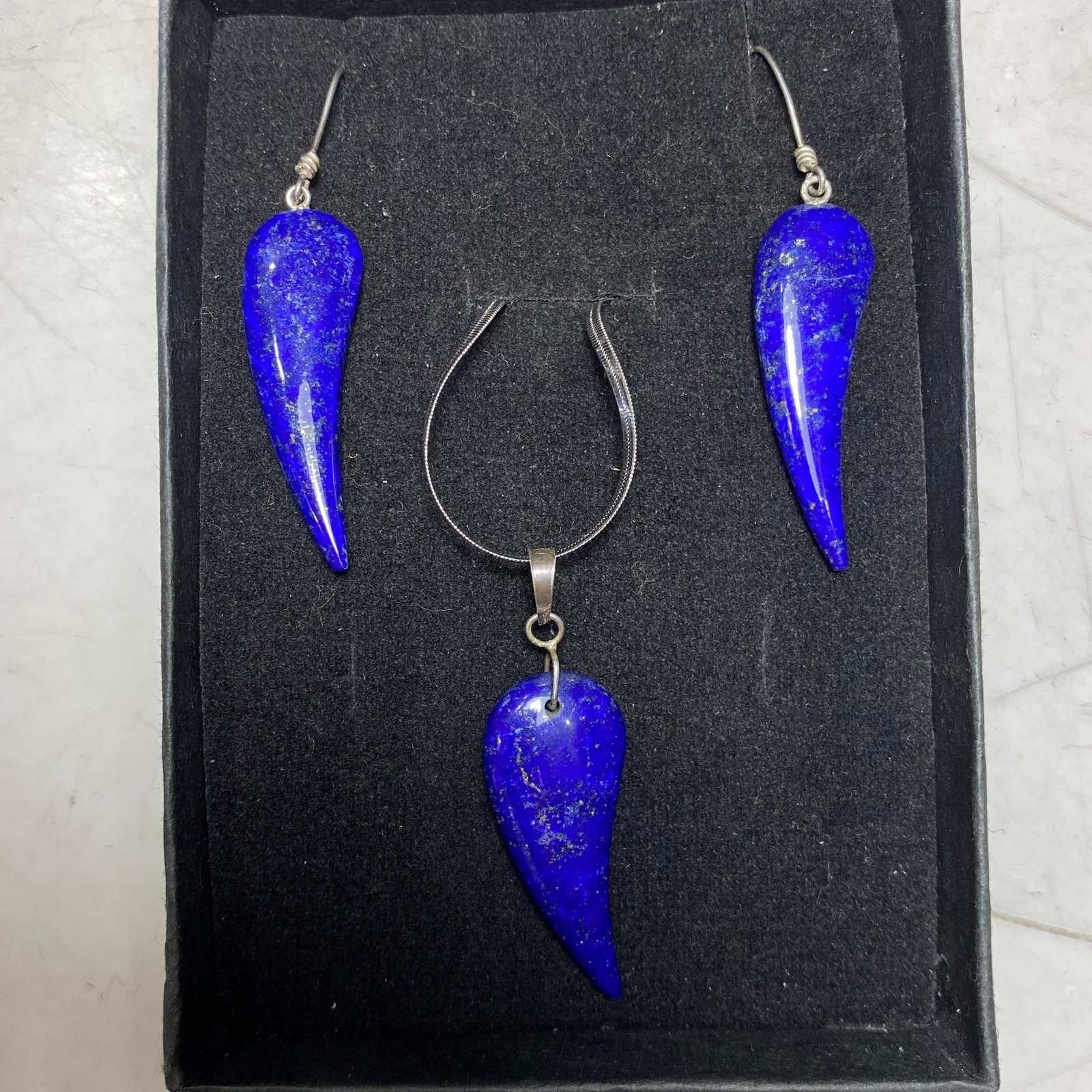 Natural Lapis Lazuli Jewelry Set 925 Sterling Silver Earrings Pendant Necklace A