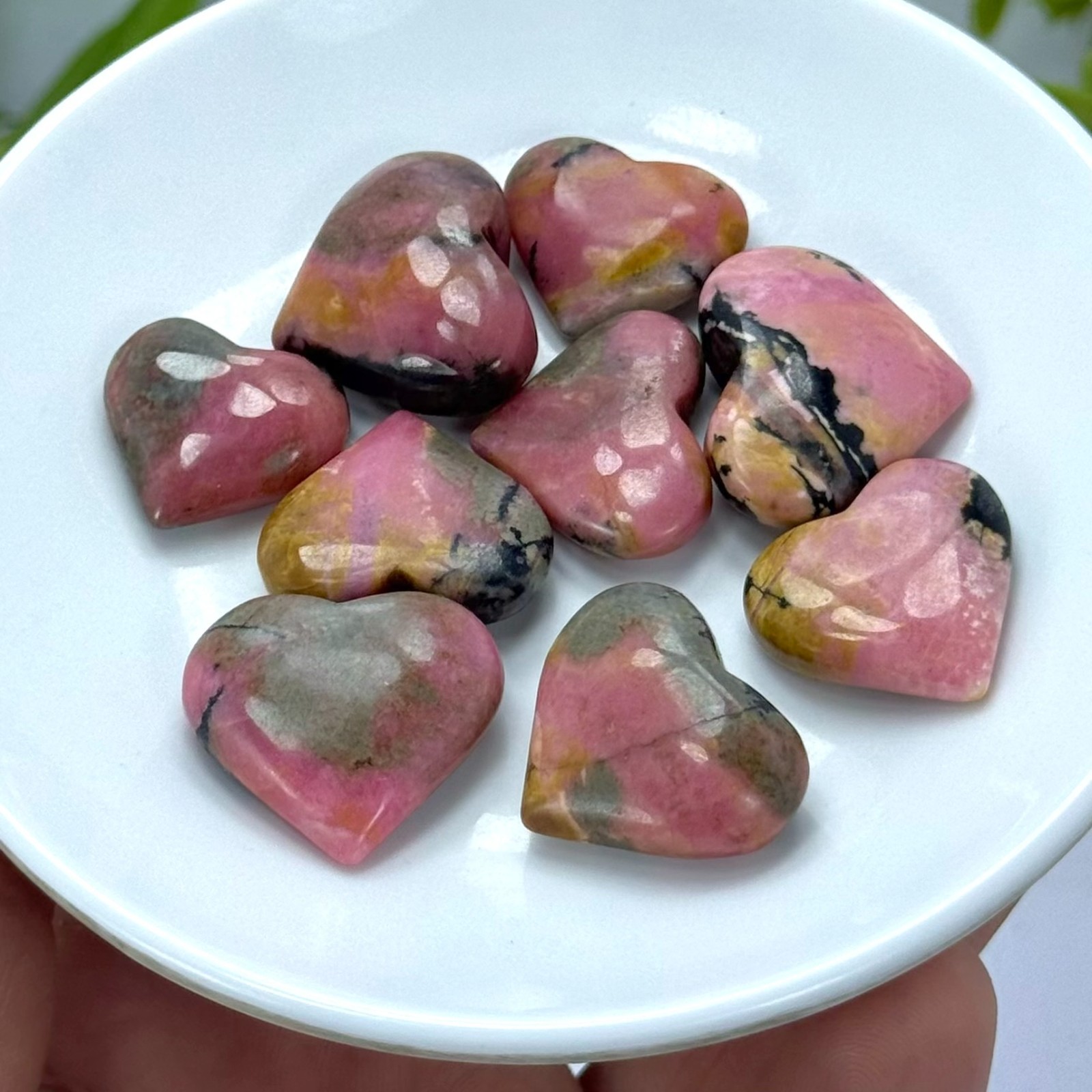 Pink Polished Rhodonite Crystal Heart Stones, Rhodonite Polished Pink Heart Ston