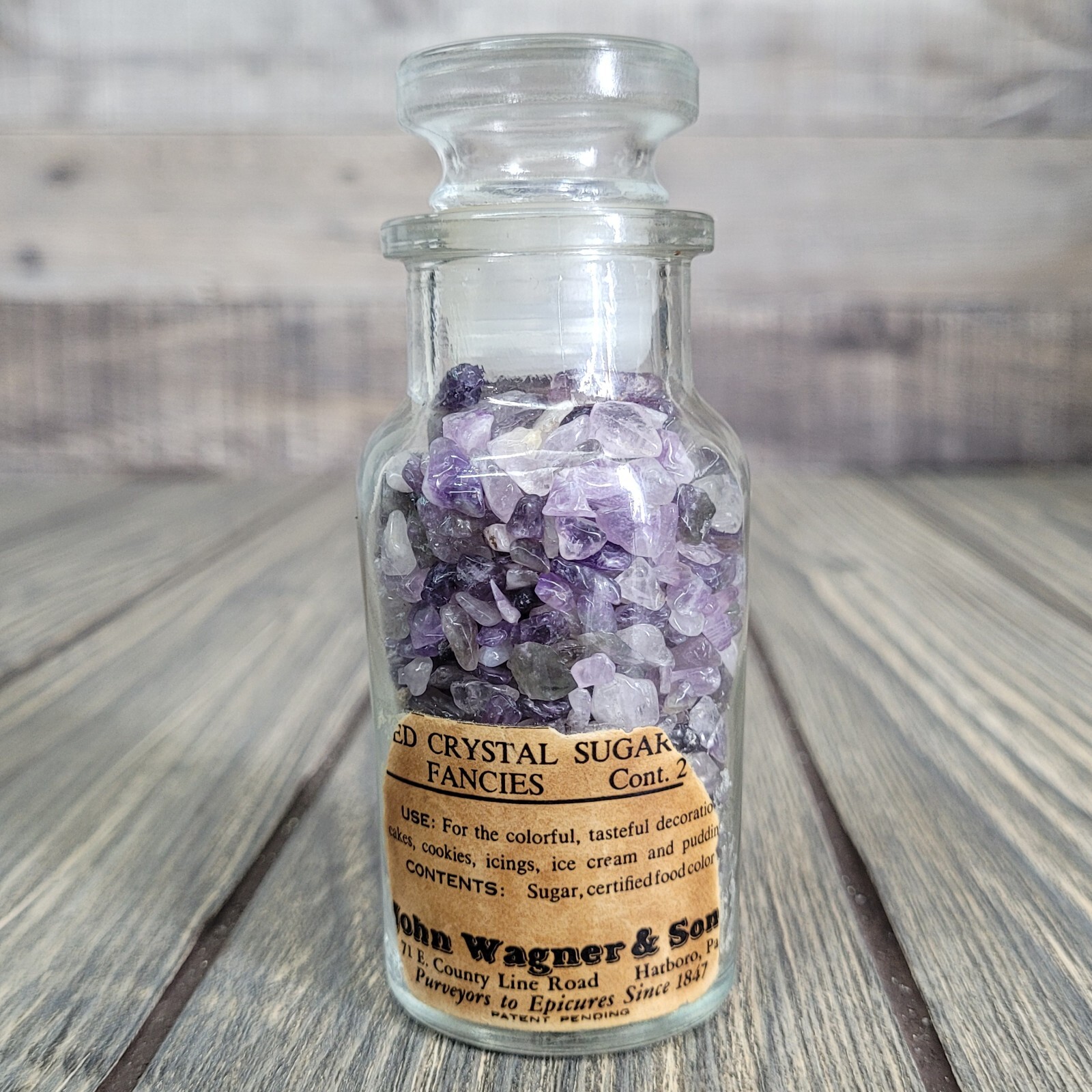 4oz Amethyst Crystal Chips in Apothecary Vintage Glass Jar “Fancies” Wagner