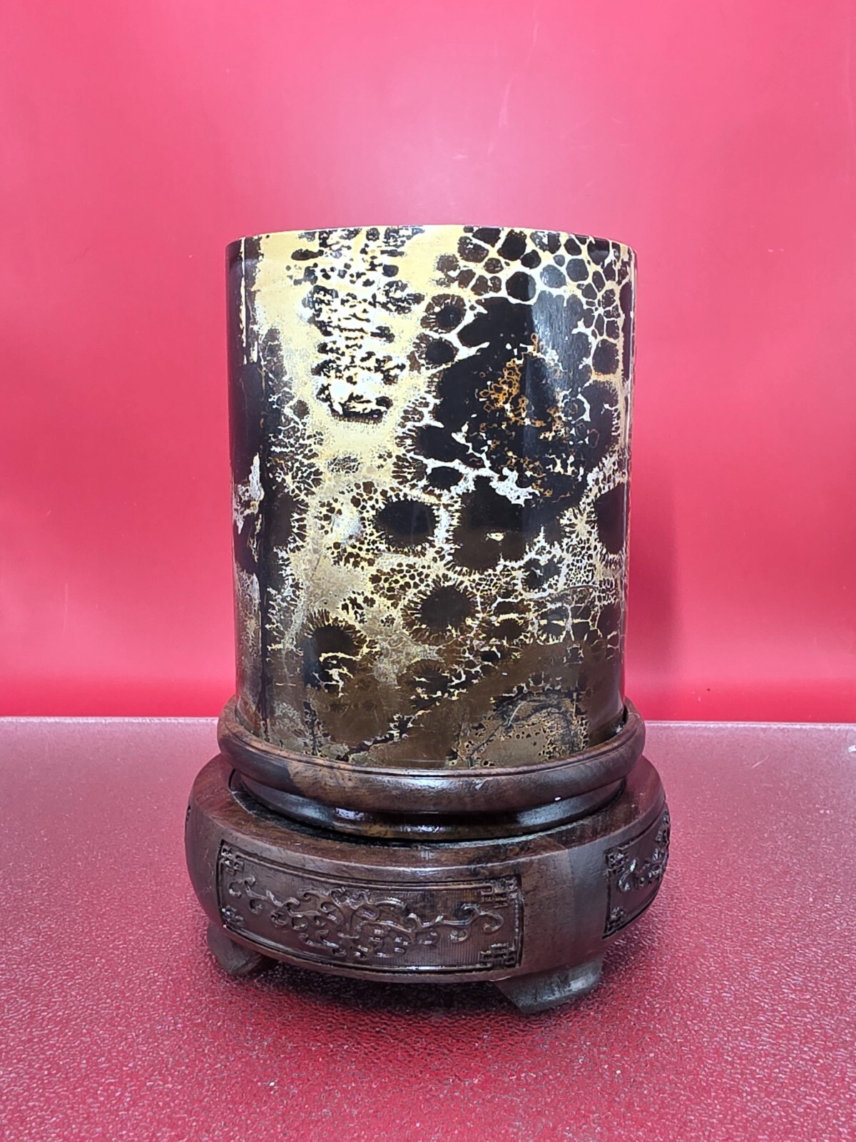 Natural Picture Jasper Vase Quartz Crystal On A Wood Holder Reiki healing 2+LB