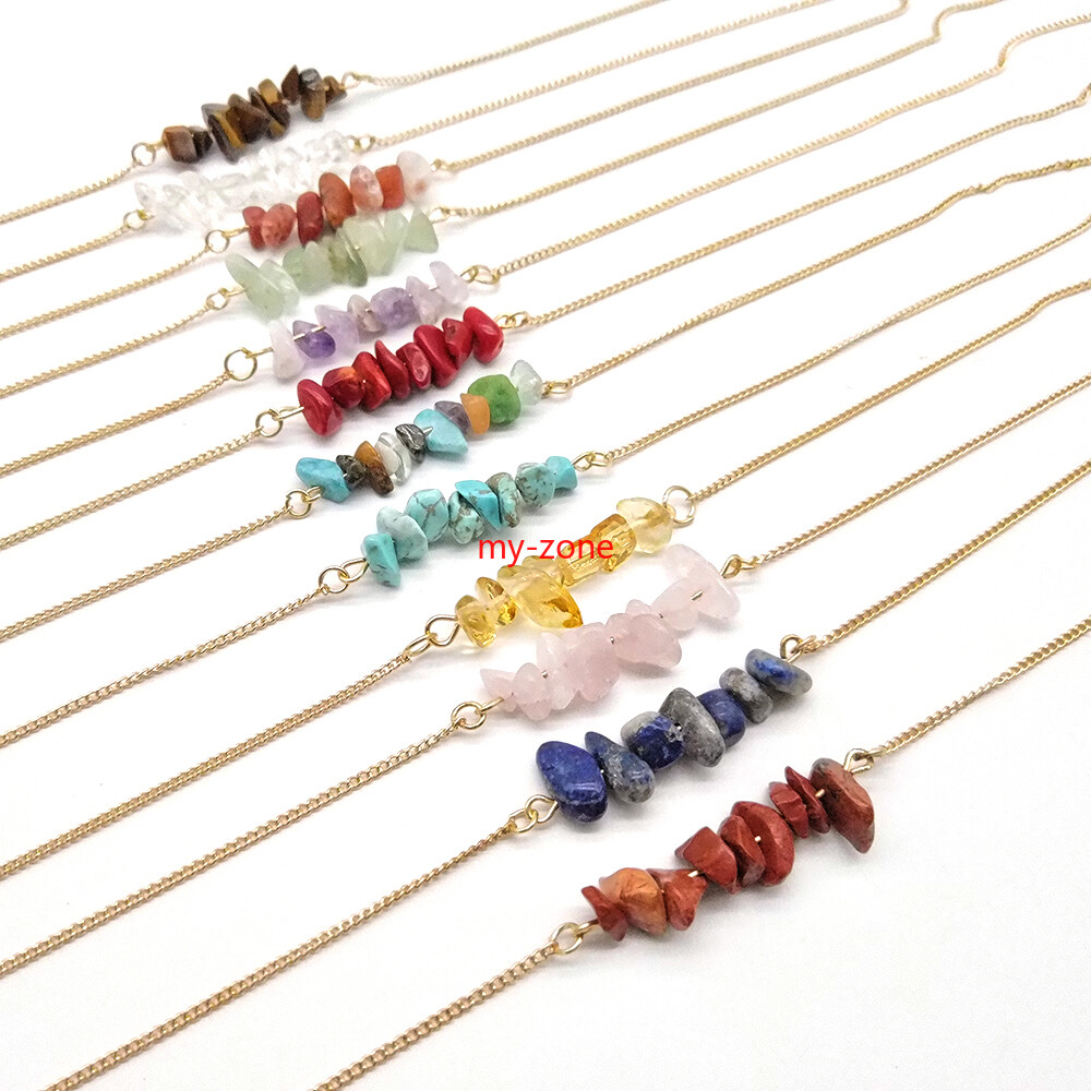 Raw Chakra Crystal Gemstone Necklace Dainty 7 Chakra Healing Crystals Charm