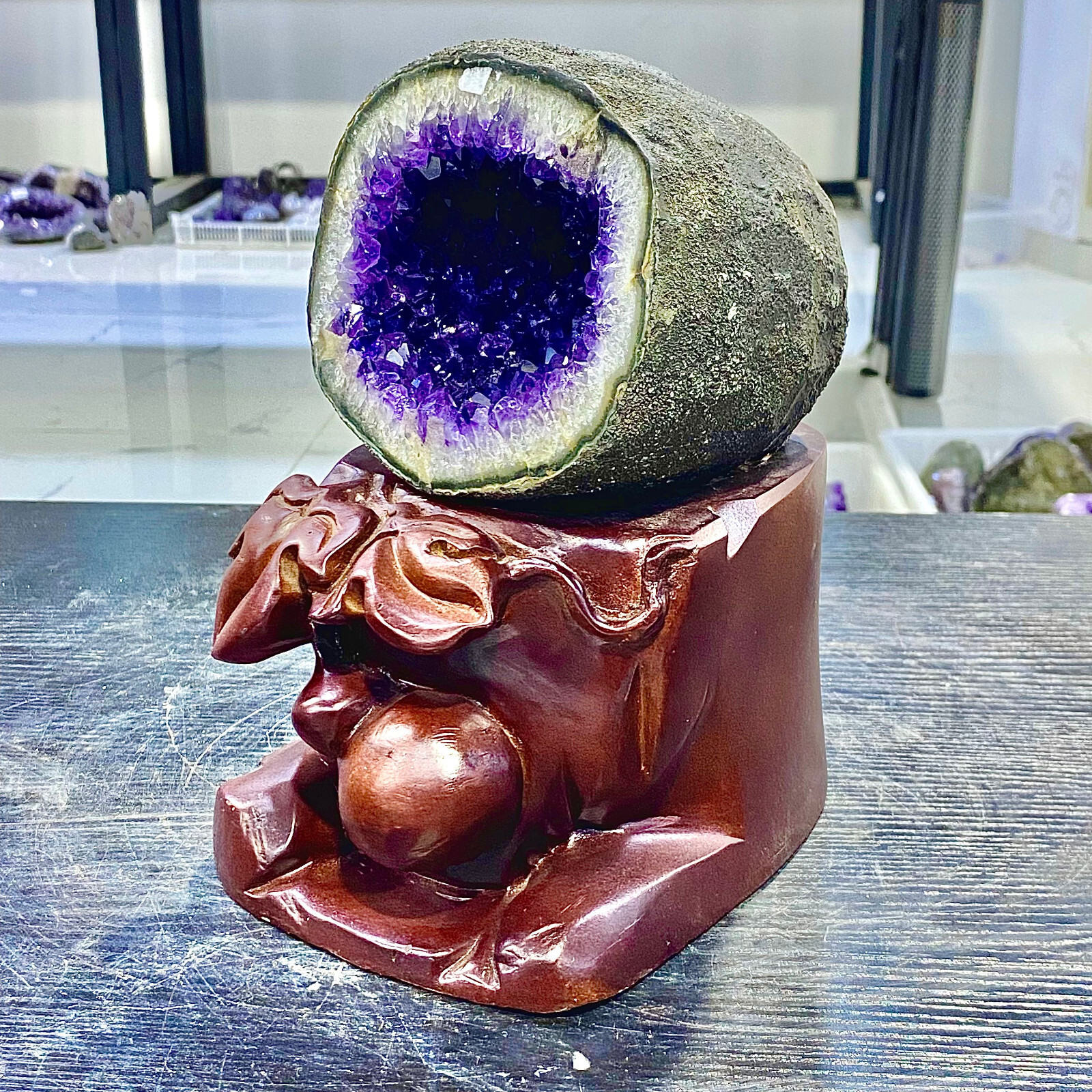 6.09LB Uruguay Natural Amethyst Money Bag Cave Decoration+Bracket