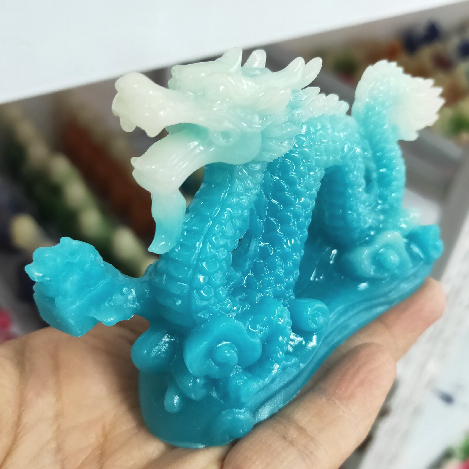 4″ Blue Luminous Stone Sculpture Chinese Dragon Resin Decoration Skull Gift 1pc