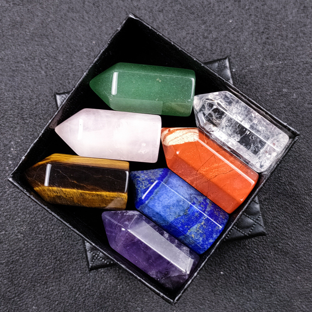 7 Chakra Gemstone Crystal Tumbled Single Point Obelisk Set Reiki Healing