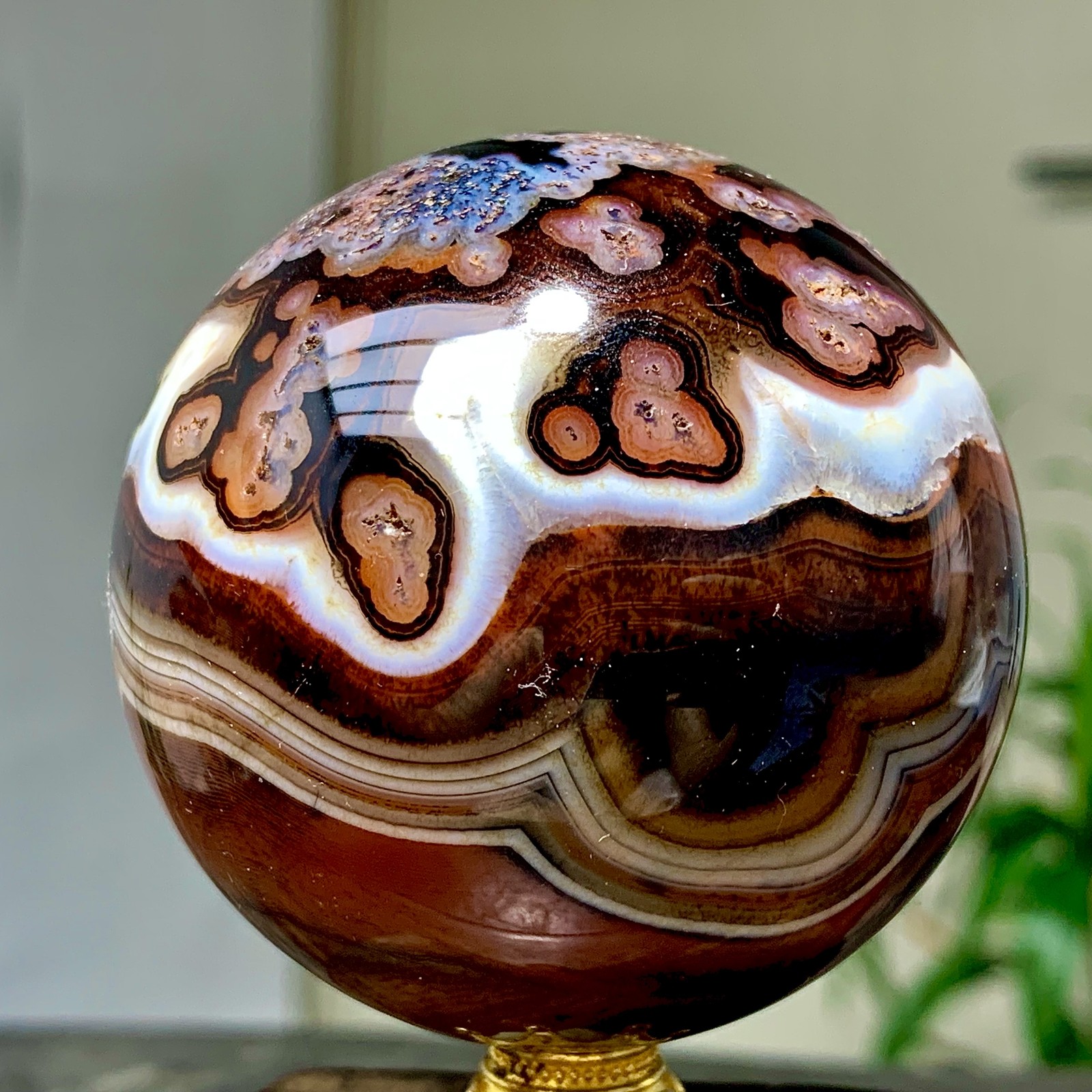 300G Natural red stripe agate sphere Crystal Ball Madagascar mineral