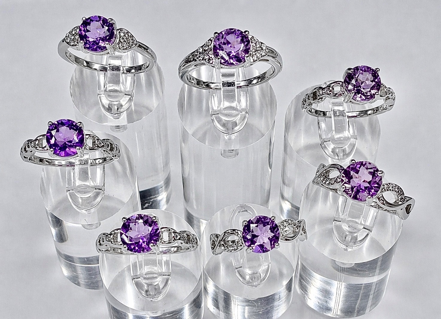 Wholesale 7 pcs Faceted Natural Amethyst Stainless Steel(316) Rings 7mm Crystal