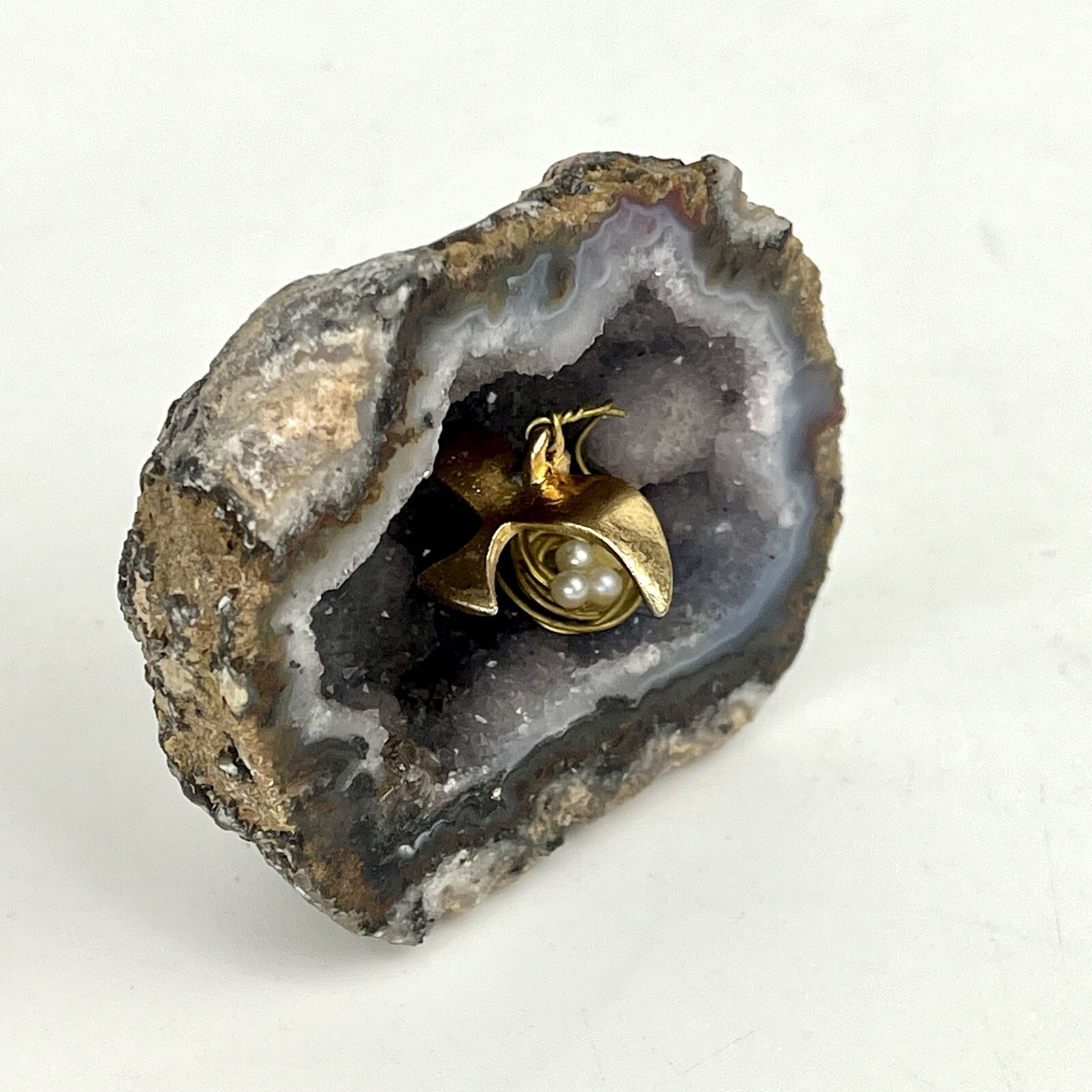 OOAK Genuine Natural Geode Crystal w/ Brass Mini Bird & Nest Figurine Unique Art