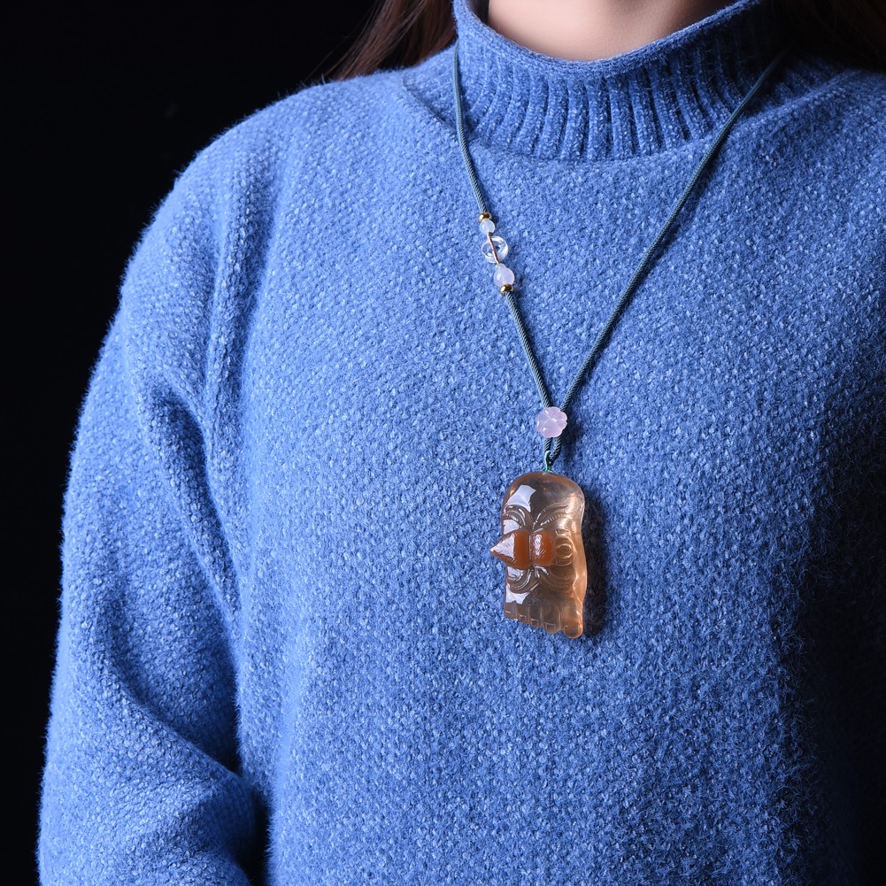 Natural Red Rabbit Hair Quartz Crystal Carved Content is happines Sweater Chain