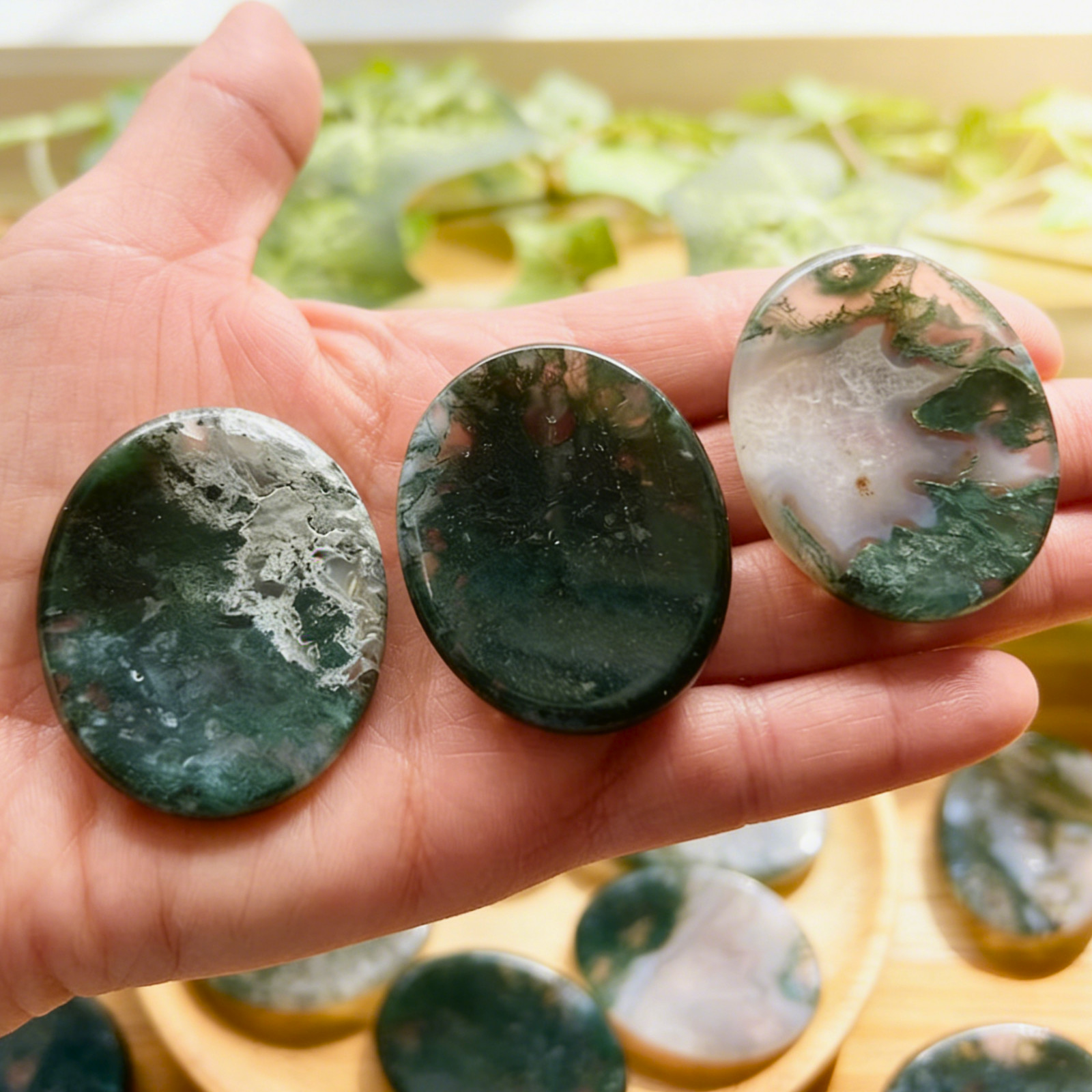 Natural Moss Agate Palm Stone Healing Crystal Mineral Specimen Decoration Gift
