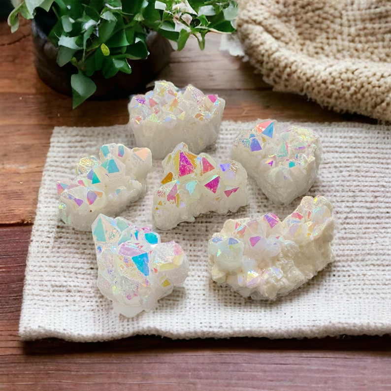 Natural Raw Rainbow Angel Aura Cluster Titanium Geode Quartz Crystal Specimens