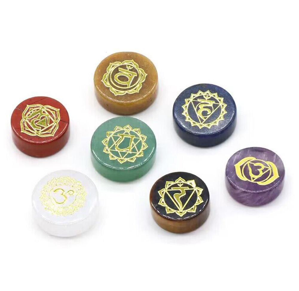 7x Natural Round Palm Stones Reiki Healing Crystal Engraved Chakra Yoga Symbols