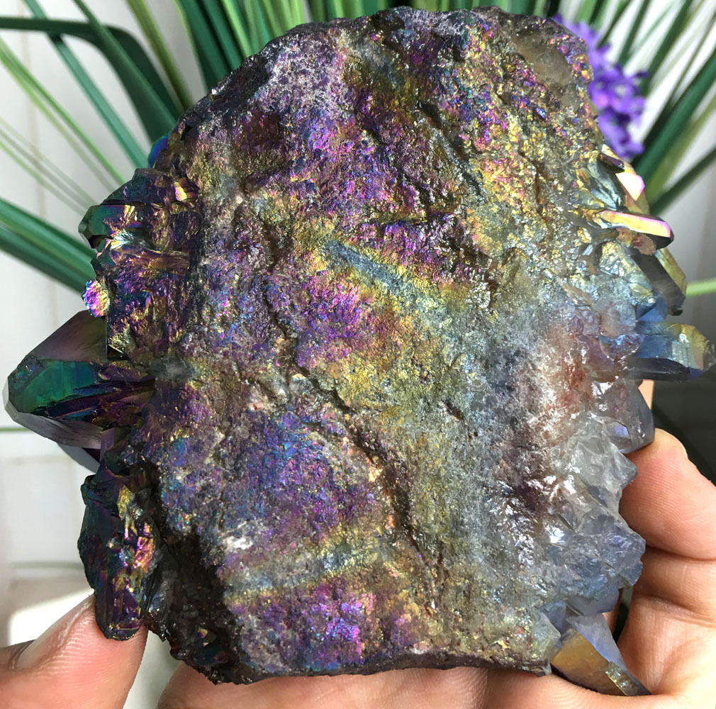 579g Rainbow Titanium plated Crystal Cluster, color-changing crystal