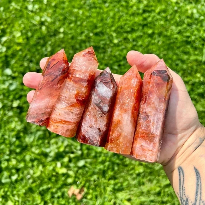 Natural Fire Quartz Hematoid Crystal Tower Obelisk Reiki Healing Home Decor