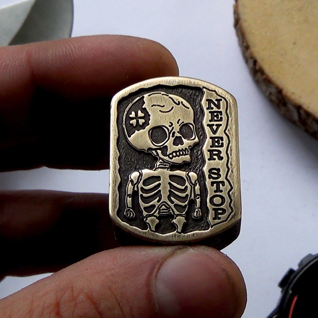 Brass Skeleton Motivational Coin Never Stop – Worry Stone Pocket Token Fidget To