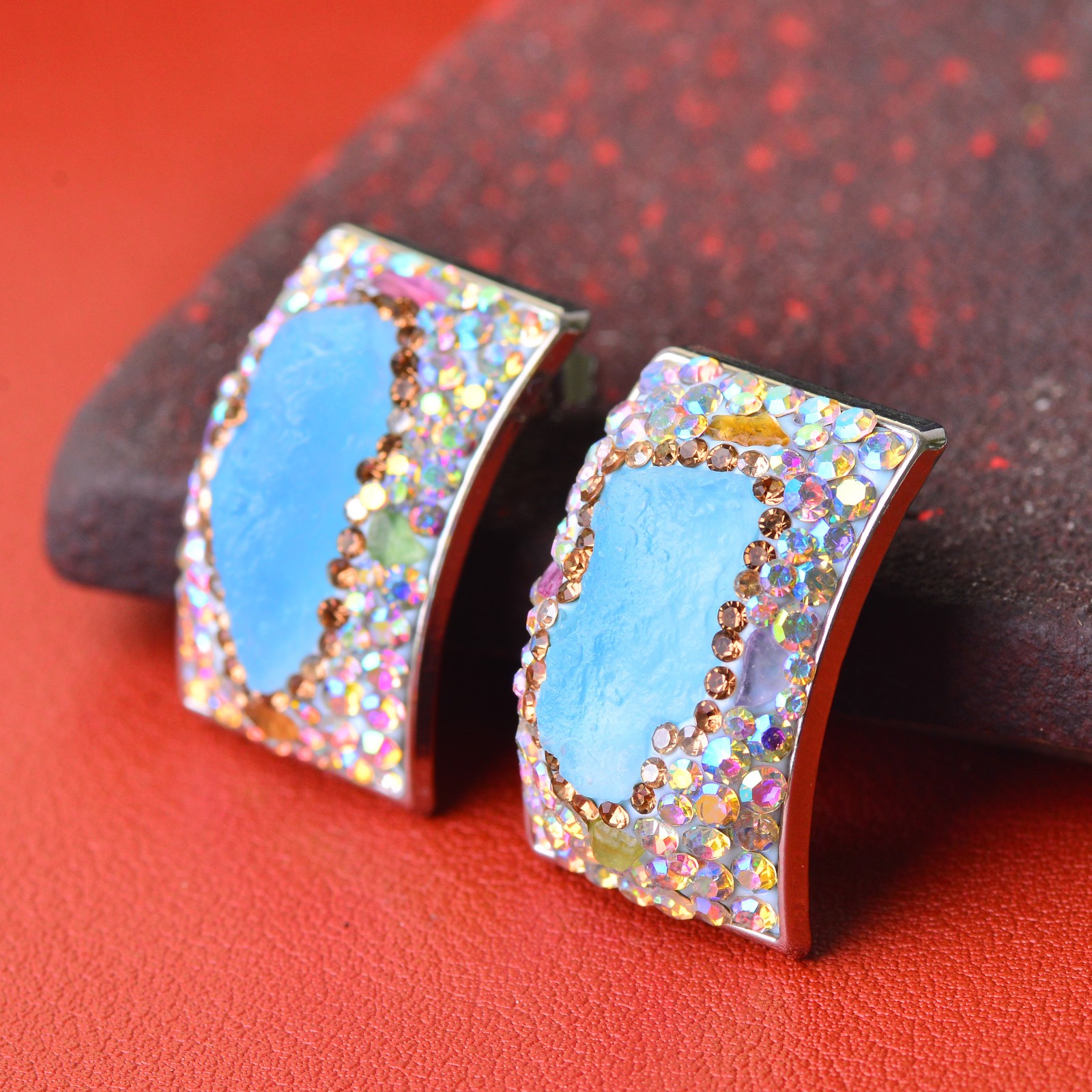 Aquamarine-inlaid alloy ear stud gemstone jewelry Energy Crystal