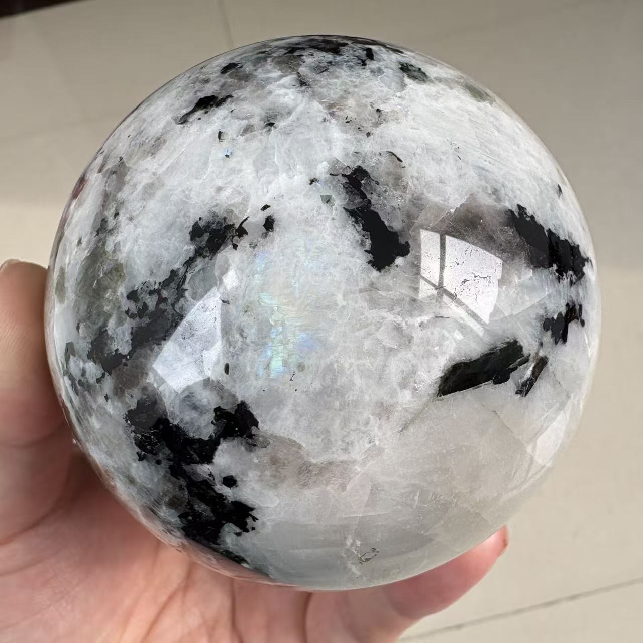 2.2LB 3.5″ Natural Black And White Moonstone Sphere Crystal Ball Healing
