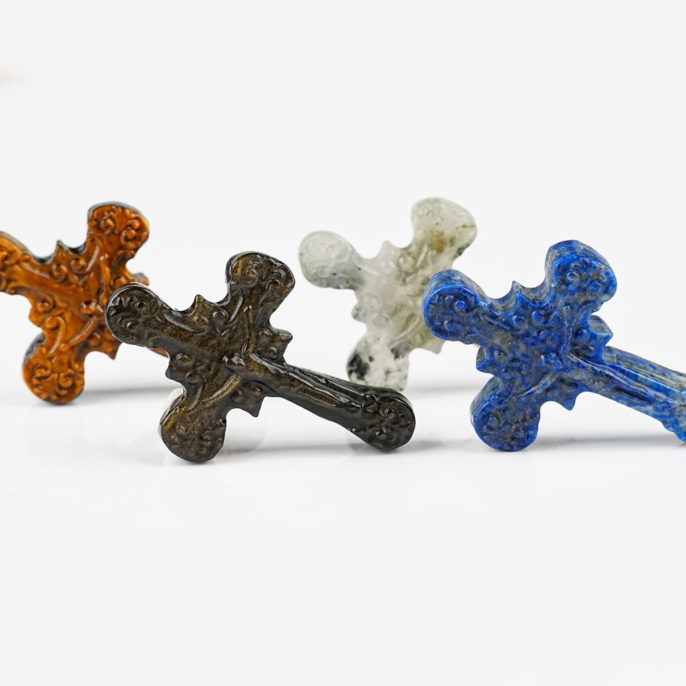 Natural Mixed Crystal Carved Cross Religious Reiki Healing Stone Jewelry Gift