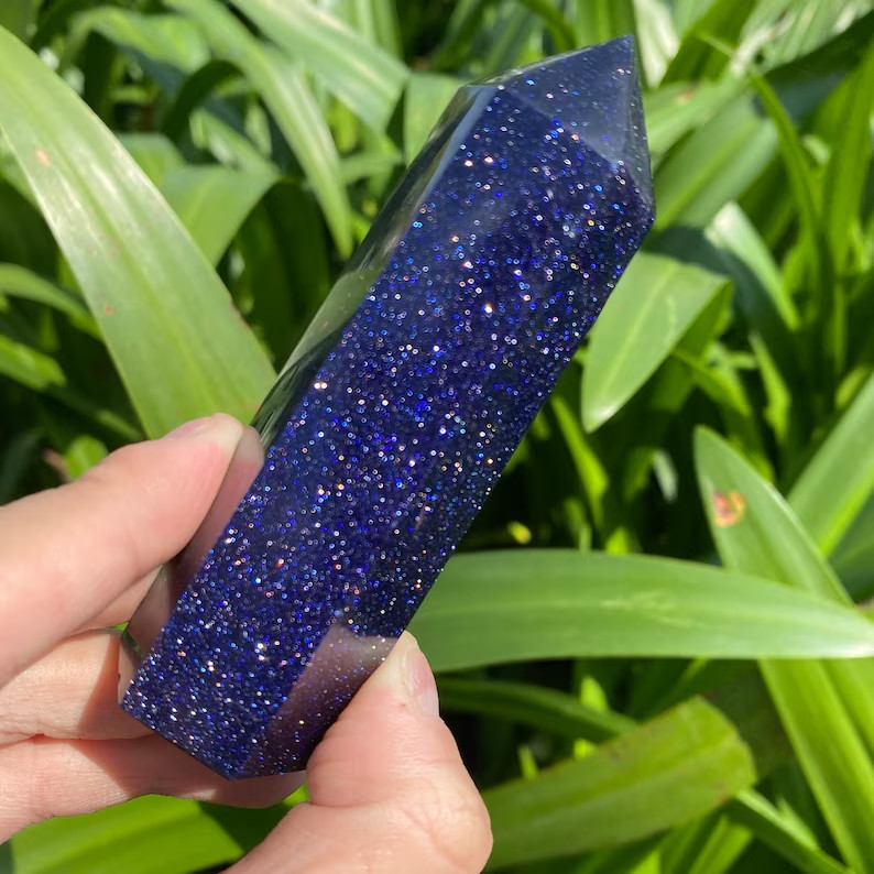 Blue Goldstone Natural Crystal Wand Obelisk Reiki Tower Point Home Car Ornament