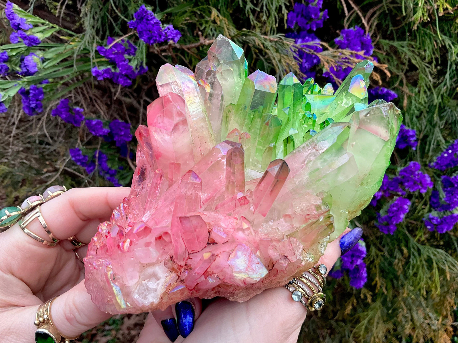 Pink & Green Aura Quartz Crystal Cluster ~ 1 Lb. 14 oz. ~ 6 1/2″ Long ~ Sparkli