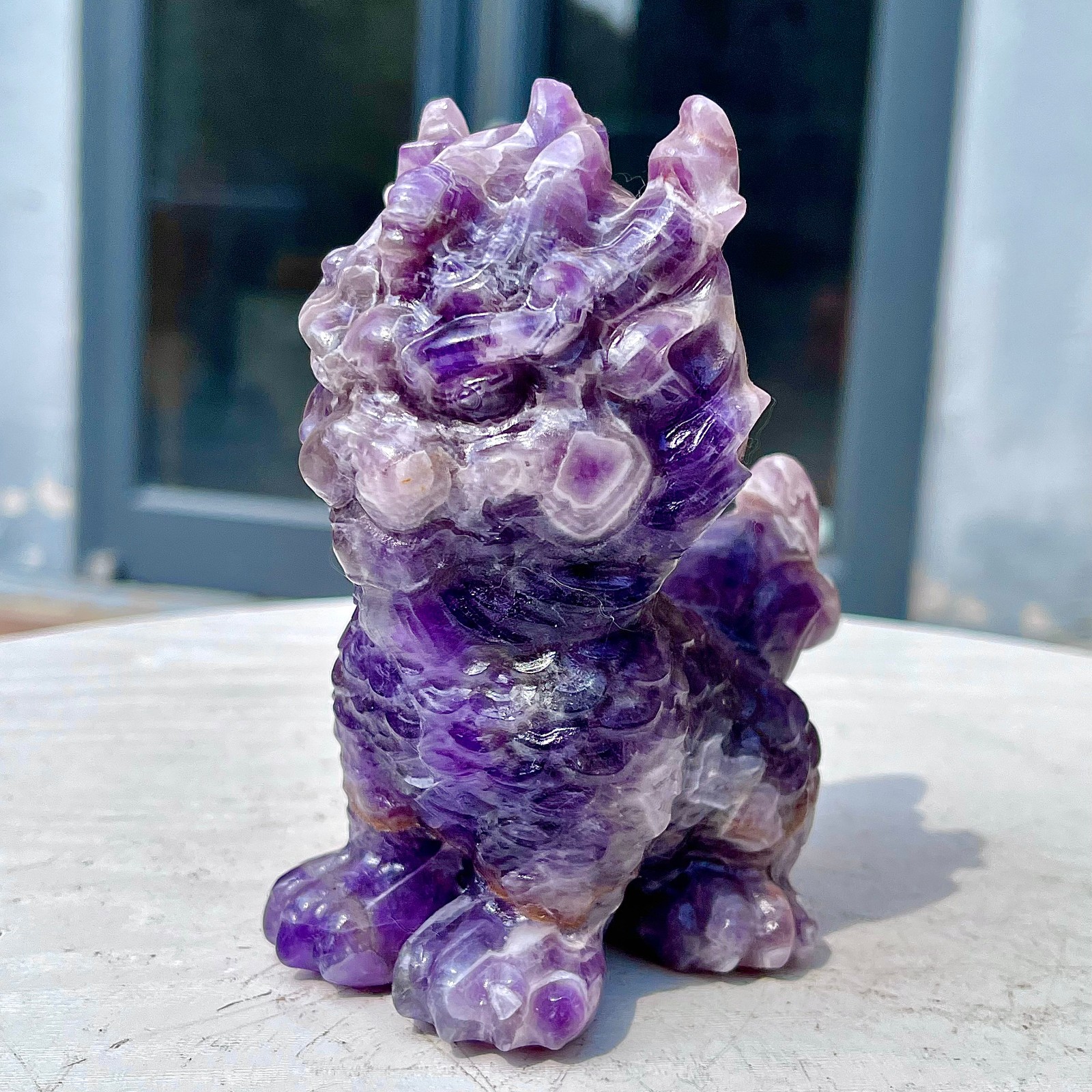 1.49LB Natural dreamy amethyst lion hand carved skull healing