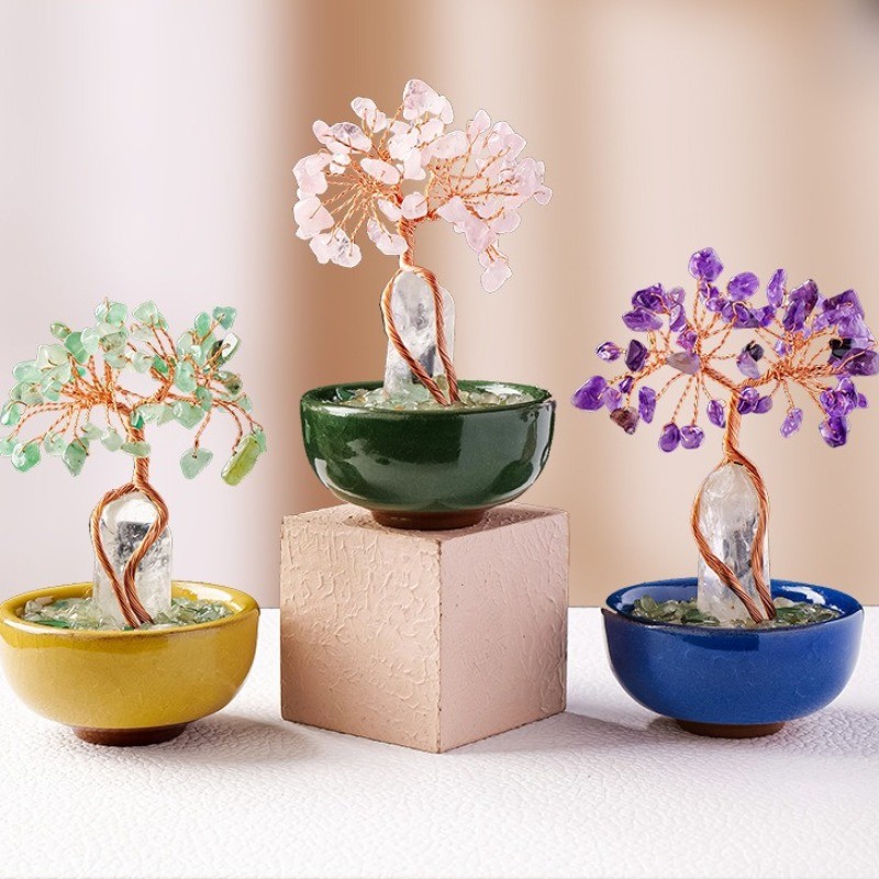 Handmade Copper Wire Wrapped Natural Crystal Tree w/Ceramic Bowl – Lucky Energy
