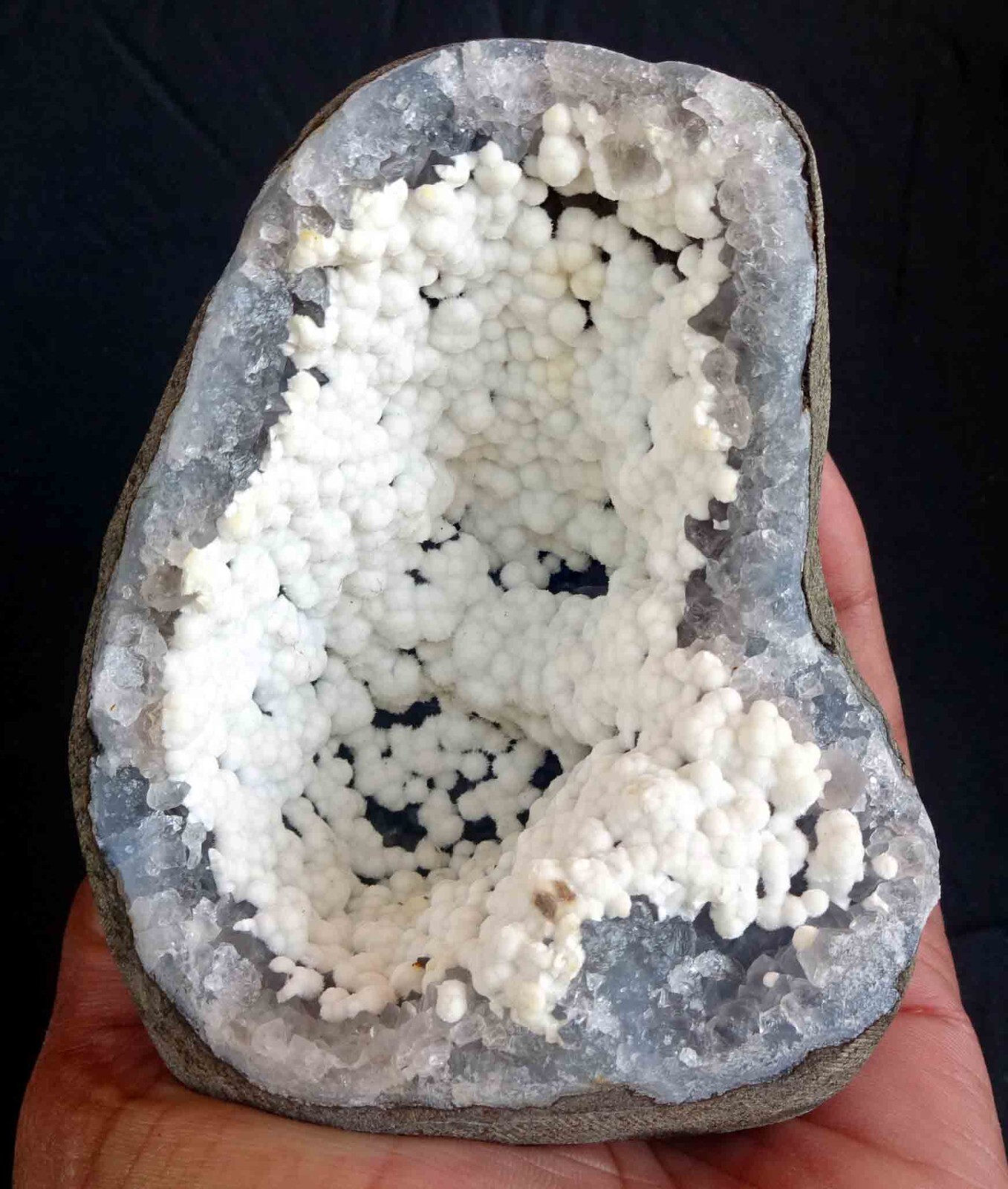 SUPERB OKENITE CLUSTERS IN AMETHYST MATRIX GEODE BASE # 504