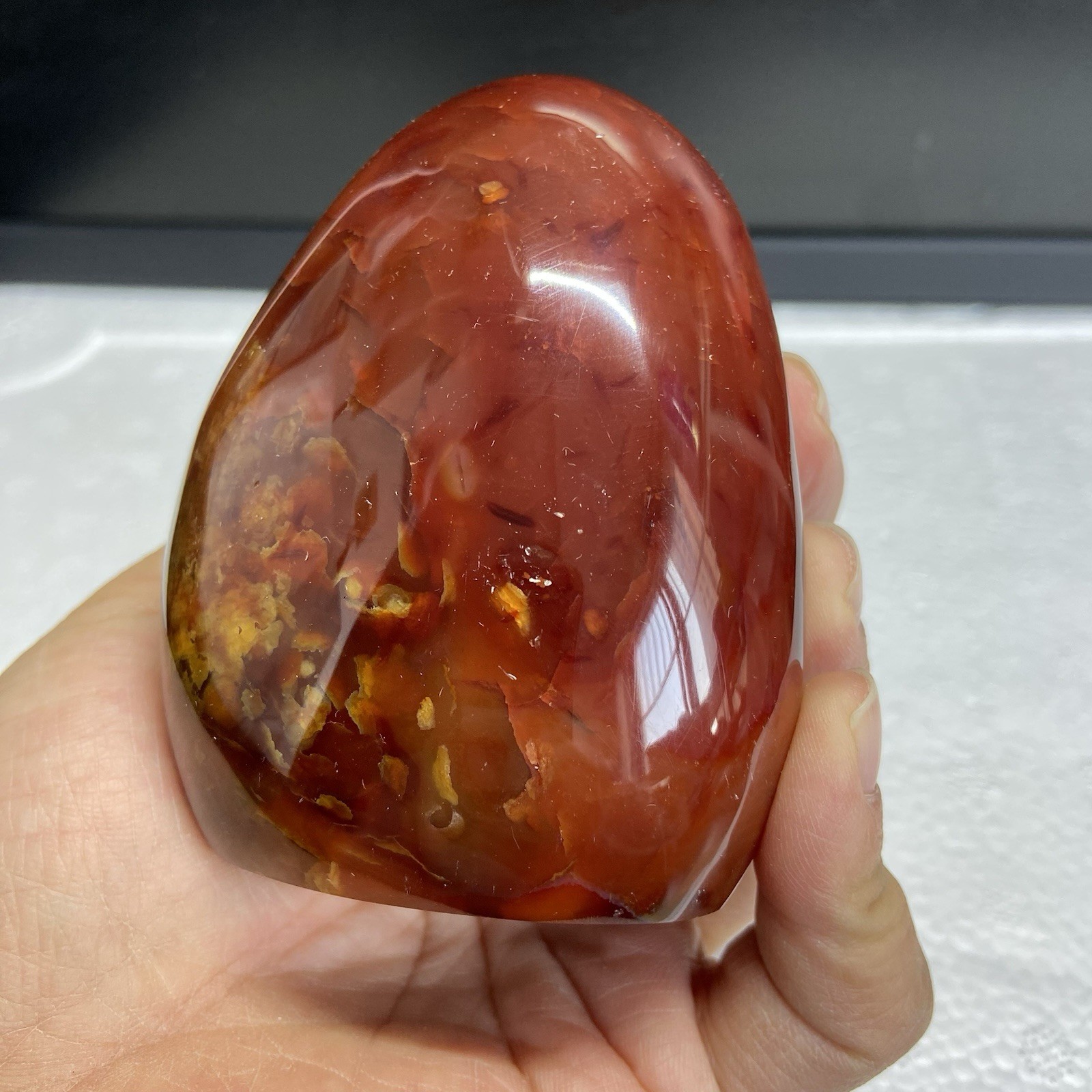83mm388g Beautiful Red AGATE Carnelian Yellow Spots Crystal Display Stand MGY143