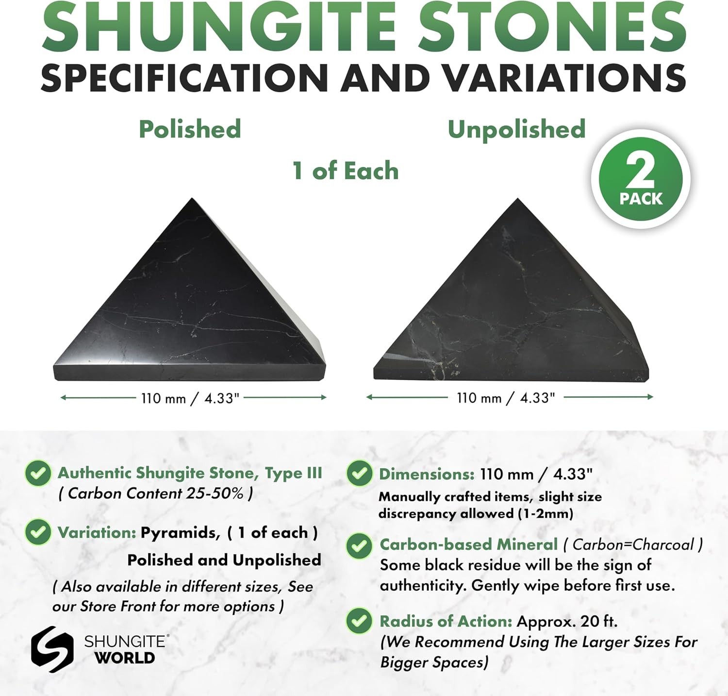 Shungite Pyramids Set 2 pcs 110mm Polished Unpolished Crystal Home Protection…