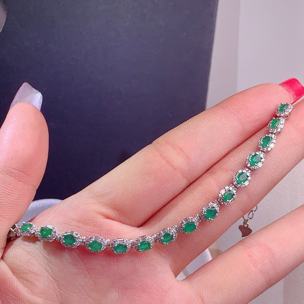 Natural oval emerald bracelet Gemstone jewelry S925 Silver Plated 18K Gold Gift