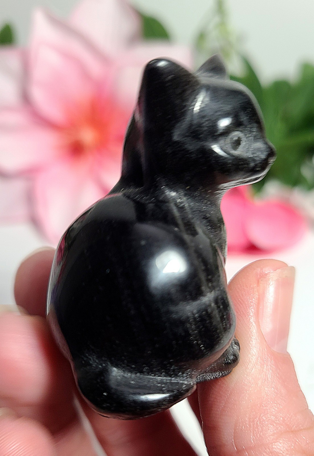 2″ 54g Adorable Silver Sheen Obsidian Sitting Cat Crystal Stone Carving Statue