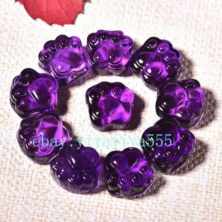 Natural Purple Amethyst Quartz Crystal Beads Bracelet With Carved Cat Paw Claw