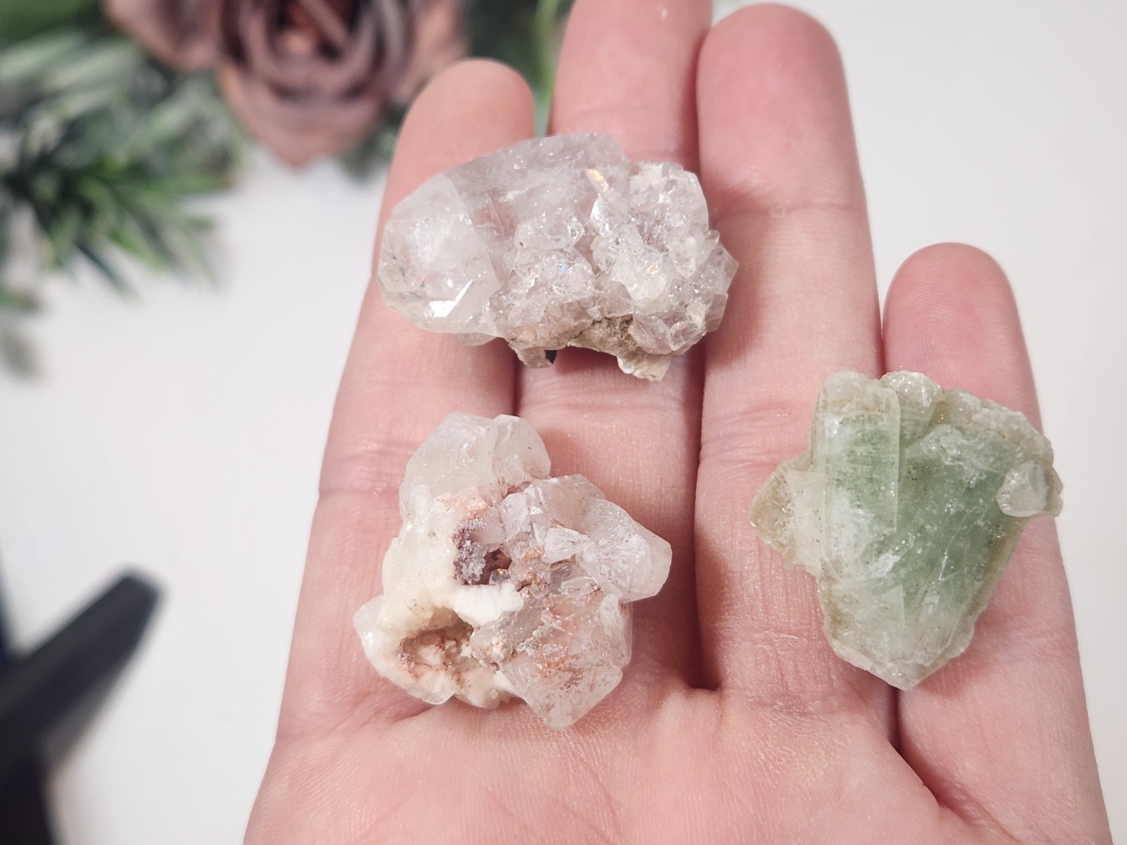 apophyllite Lot Of 3 Small crystals Green, Pink, And Red Specimens About 1 Inch