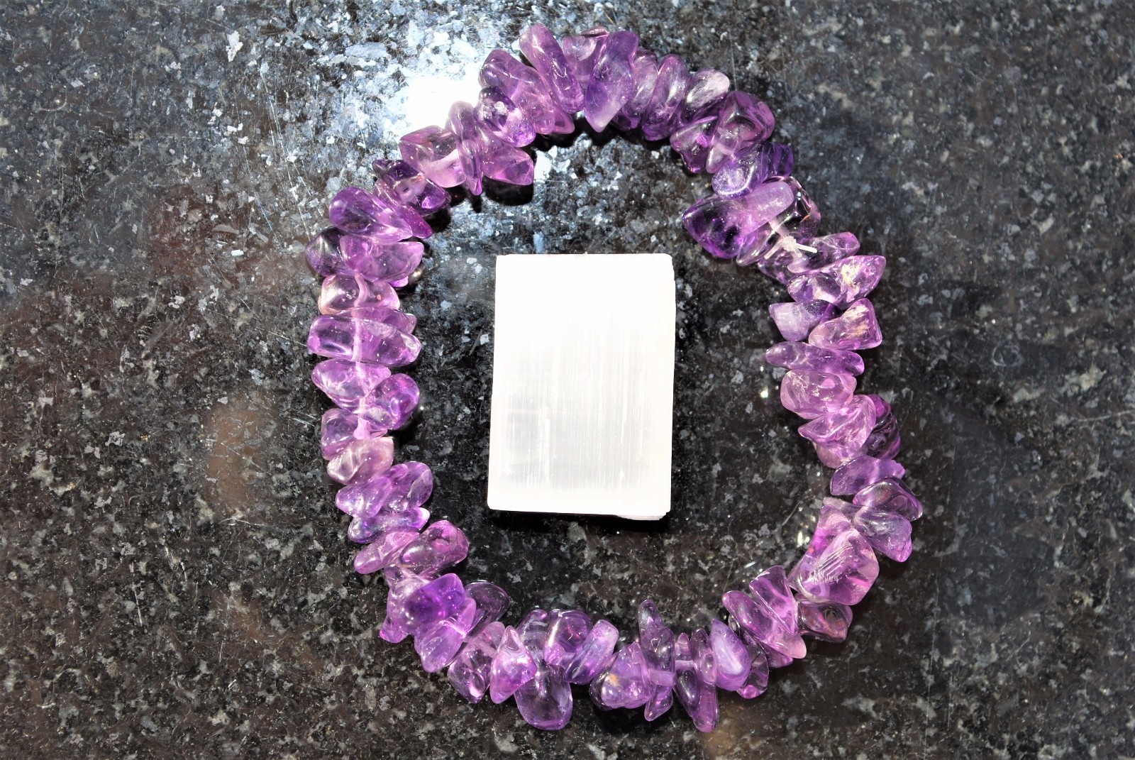 CHARGED Premium (Light) Natural Amethyst Crystal Chip Stretchy Bracelet + Heart