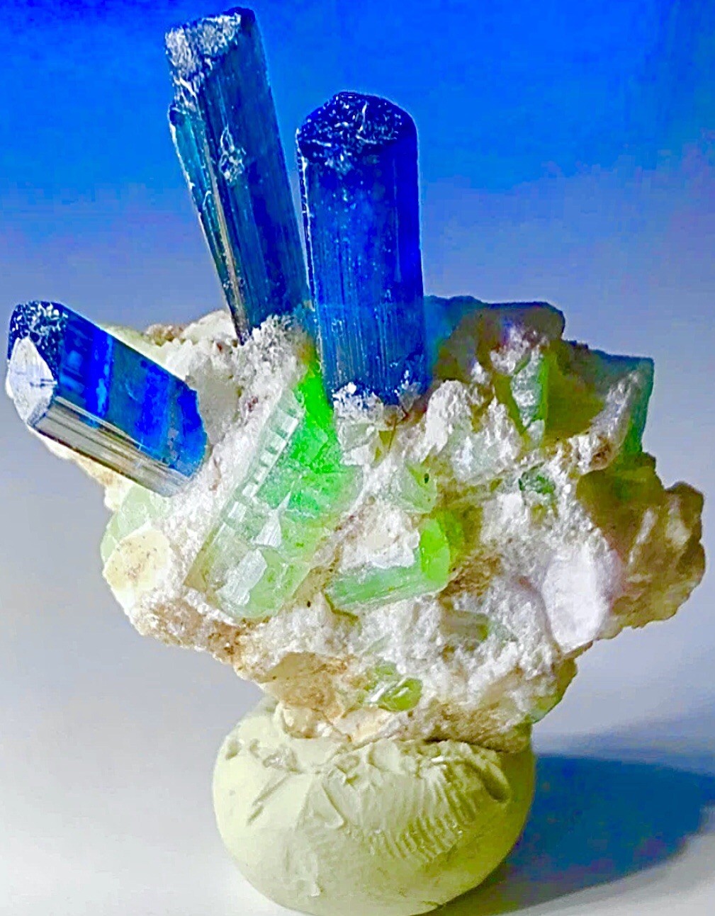 Neon Blue Green Tourmaline On Quartz Crystal Raw Rough Specimen Cluster Matrix