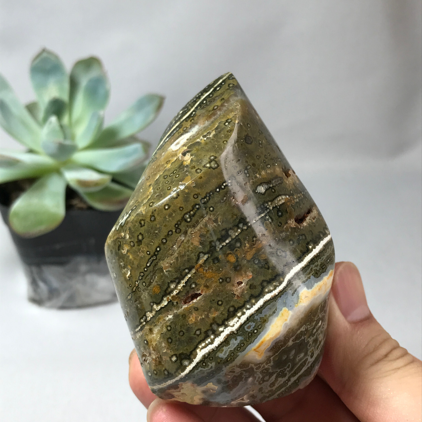 Natural Ocean Jasper torch Hand carve polish Crystal free standing 262g g6634