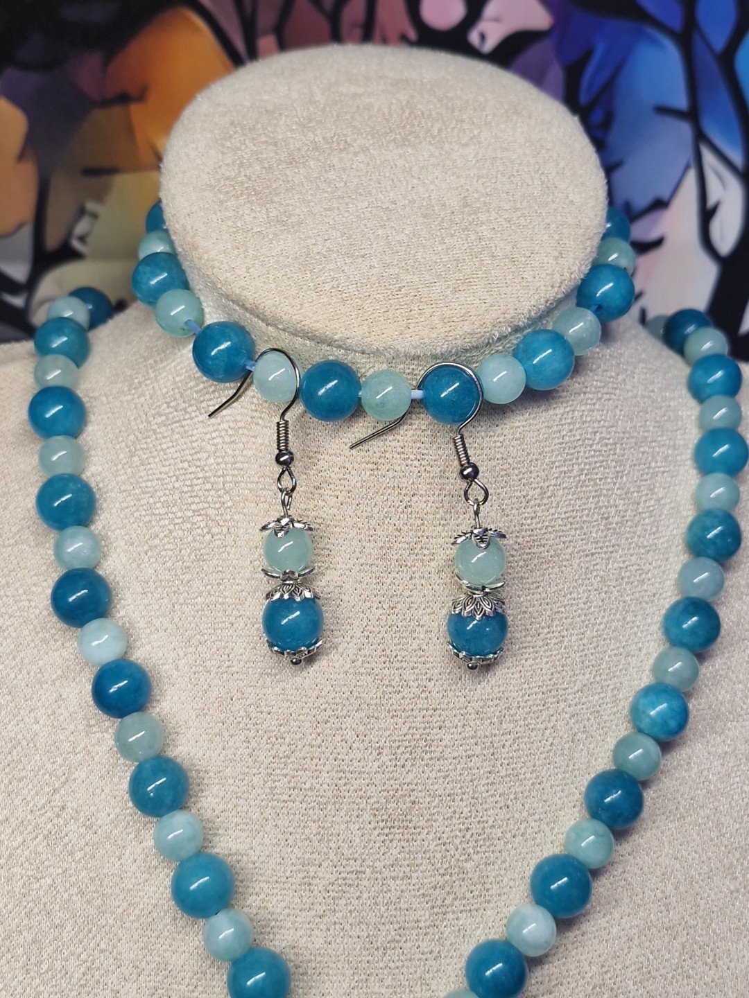 Handmade Caribbean Calcite & Aquamarine Crystal Moon Face Jewellery Set