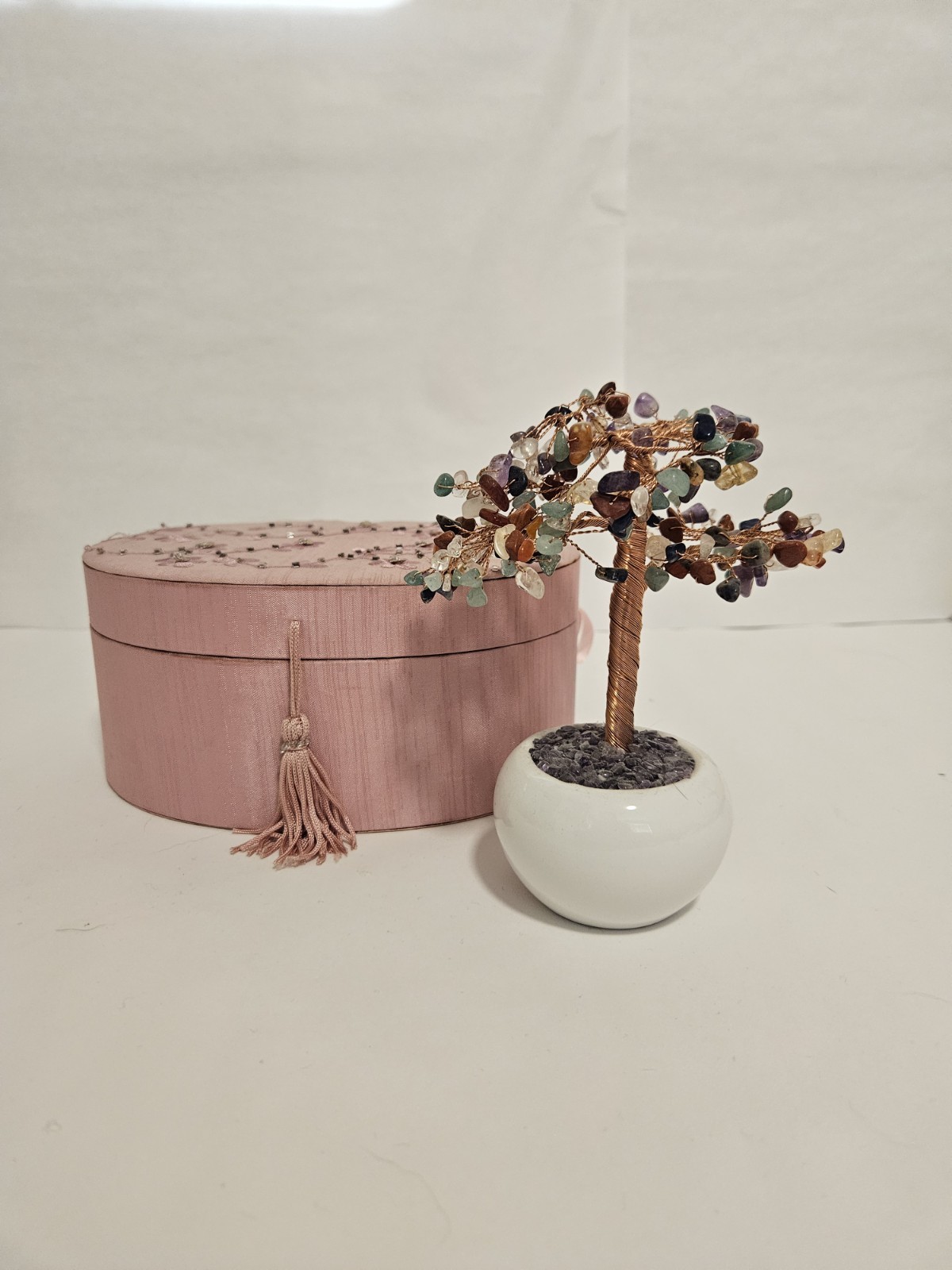 Gemstone Tree Sculpture + Jewelry Box Filled with Polished Stones–Decorative Set