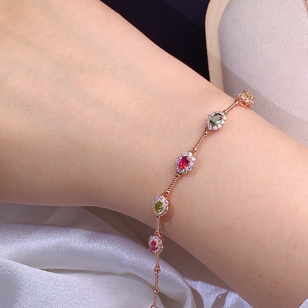 Natural tourmaline bracelet Gemstone jewelry S925 Silver Plated 18K Gold Gift