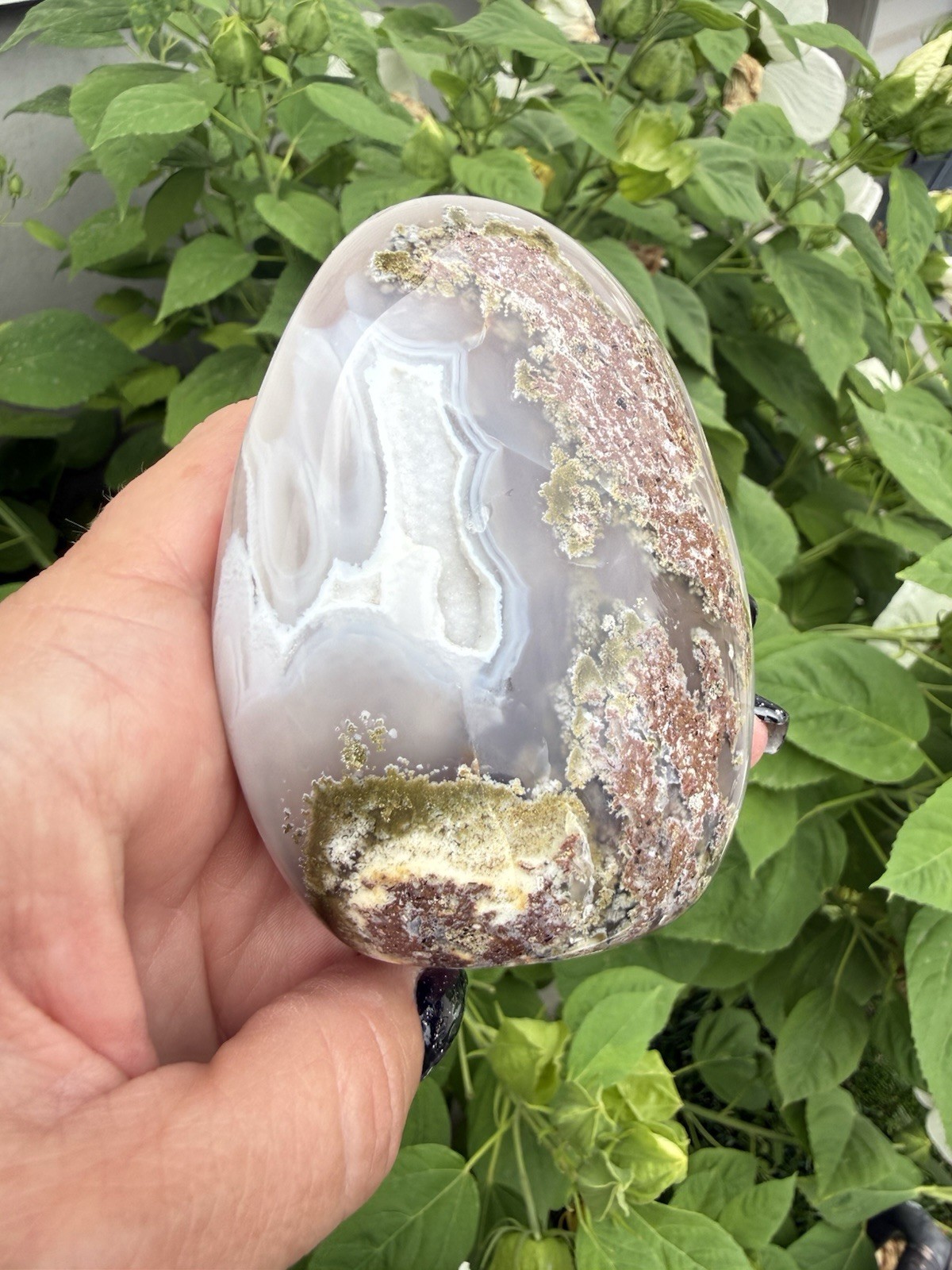 Natural Scenic Moss Agate Freeform Druzy Crystal Indonesia Polished Stone
