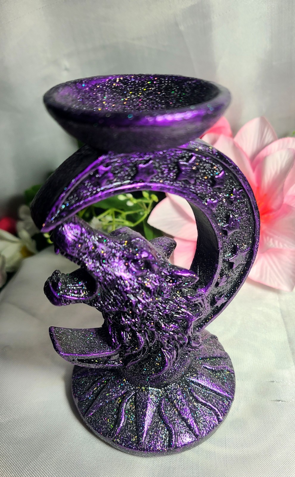 Sparkling Purple Wolf Crescent Moon Stars Resin Sphere Stand Crystal Ball Holder