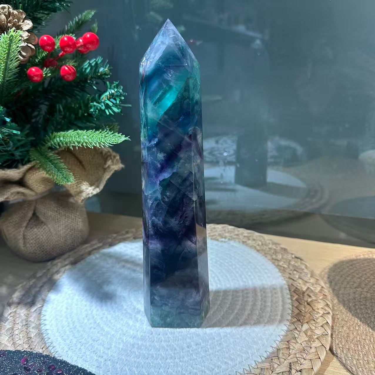 3.14LB 9″ Natural Rainbow Fluorite Tower Obelisk Crystal Healing Quartz Decor