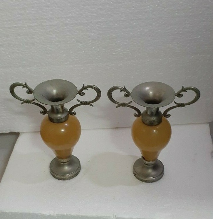 Onyx Marble Stone and Brass Bud Vases Set 1970s Collectables