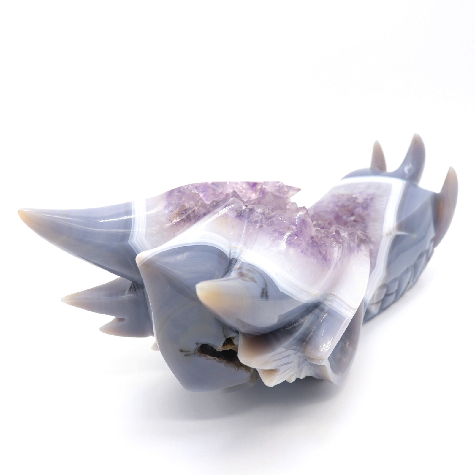 10″ Agate Amethyst Cluster Hand Carved Dreagon Head Sculpture, Crystal Healing